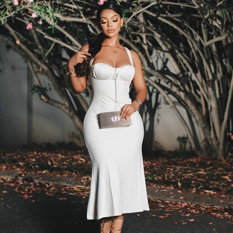 New style women's clothing, elegant sling solid color fishtail skirt, sleeveless one-shoulder long dress