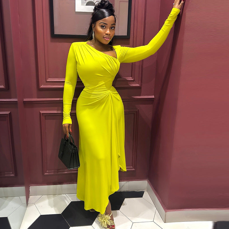 Elegant temperament women's slim fit pleated irregular skirt solid color long sleeve oblique collar long dress