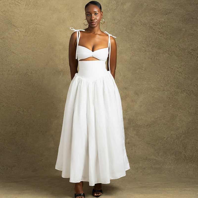 Fashion solid color dress strapless shoulder sleeveless big skirt dress
