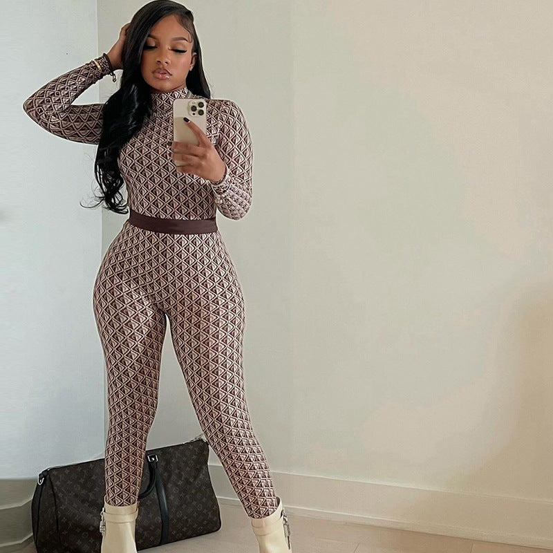 Women's Fashion Print Streetwear Round Neck Long Sleeve Trousers Bodysuit Fitness Jumpsuit Women