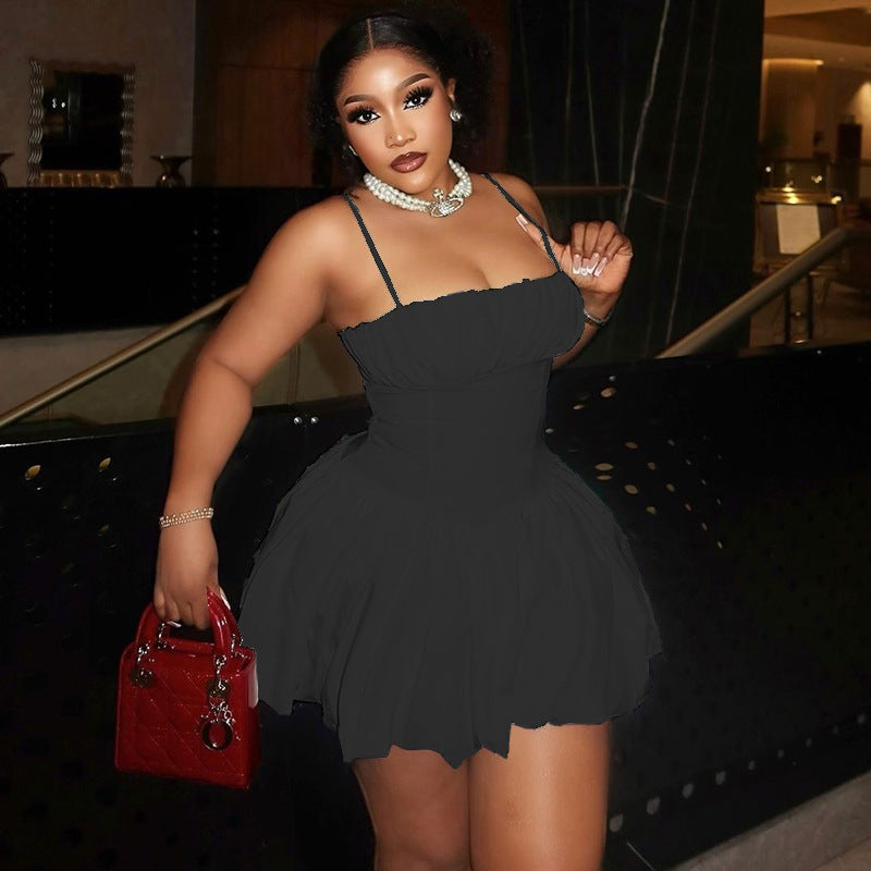 Fashion new style solid color sexy sleeveless short suspender flower bud skirt waist slimming dress