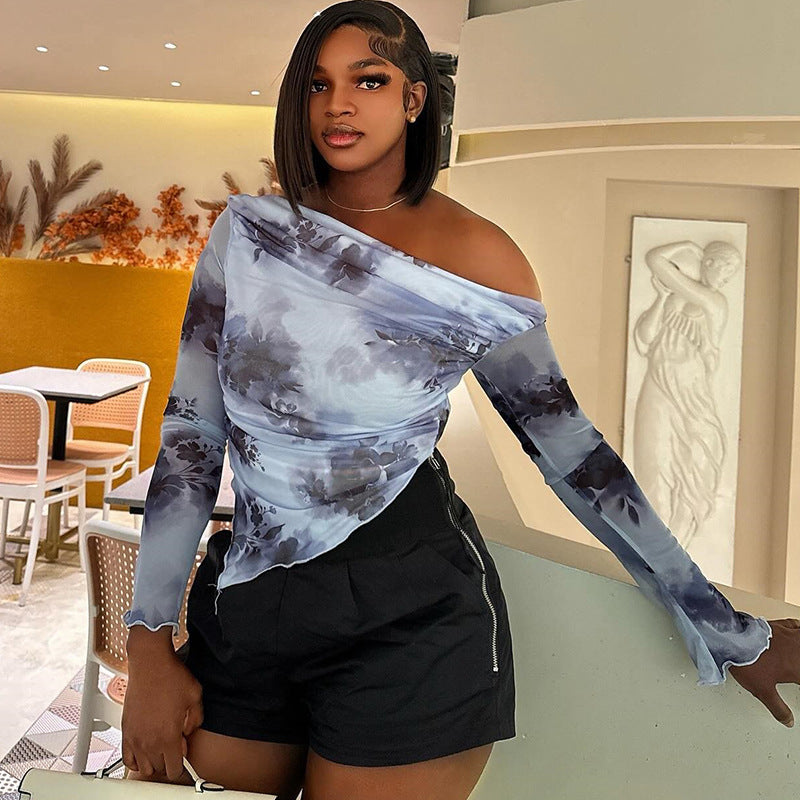 Women's long-sleeved new T-shirt tie-dye print off-shoulder oblique collar irregular hem