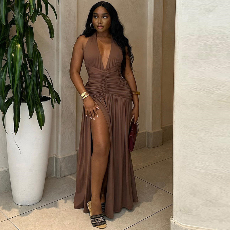 Women's solid color dress sexy sleeveless deep V-neck slit temperament casual waist skirt
