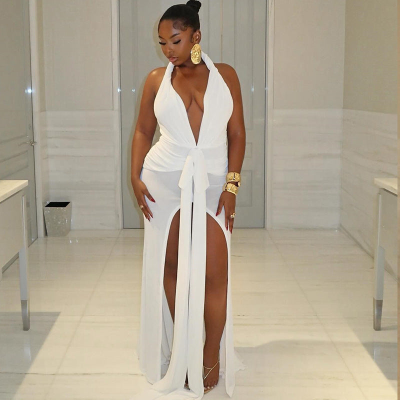 Women's solid color sexy sleeveless halter neck lace-up backless slit temperament long skirt