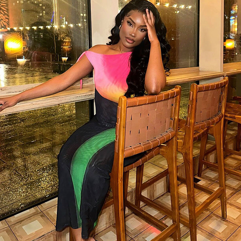 Fashionable women's color matching strapless off-shoulder elegant one-step skirt sleeveless raglan sleeve oblique collar dress
