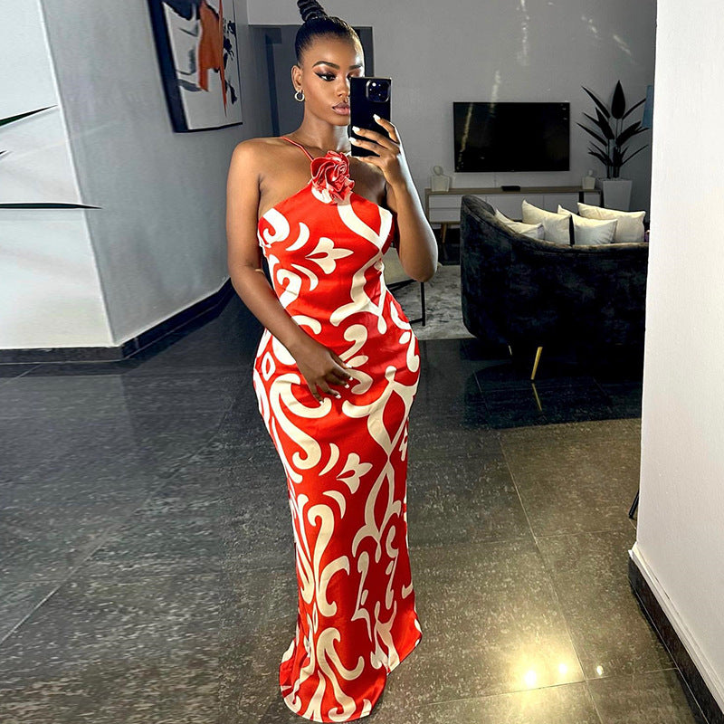 Fashion print sexy sleeveless halter neck three-dimensional flower decoration hip dress trendy women