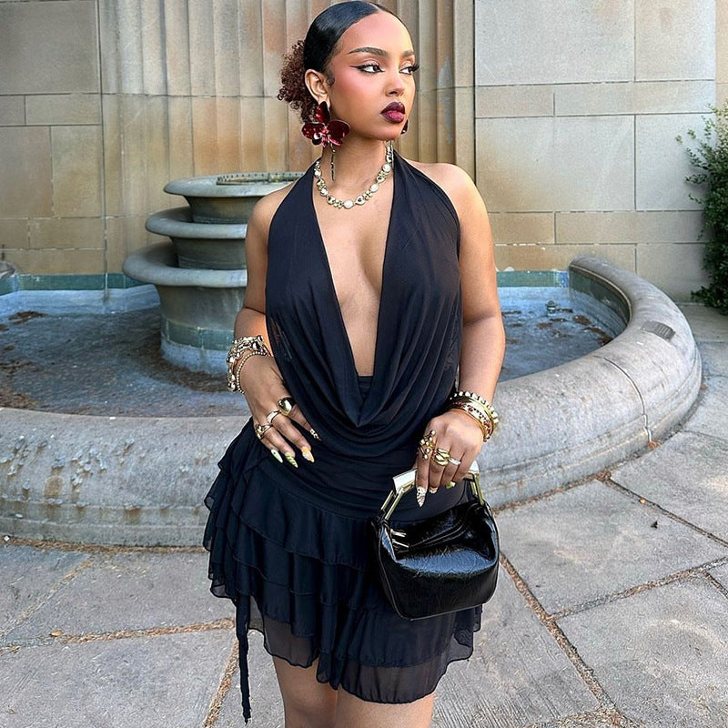 Women's solid color skirt suit sexy halter neck sleeveless bellyband mesh stitching skirt suit