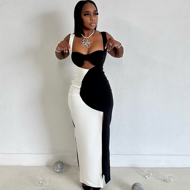Fashion women's black and white color matching backless suspender skirt pleated sleeveless collarless slit long dress