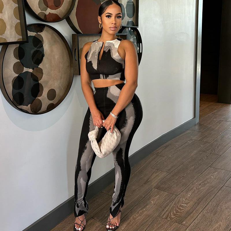 Women's Fashion Printed Fitness Suit Top Zippered Vest Pants Set