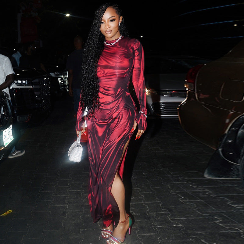 Fashionable and elegant tight skirt high collar long sleeve pleated slit long dress sweet solid color women's clothing