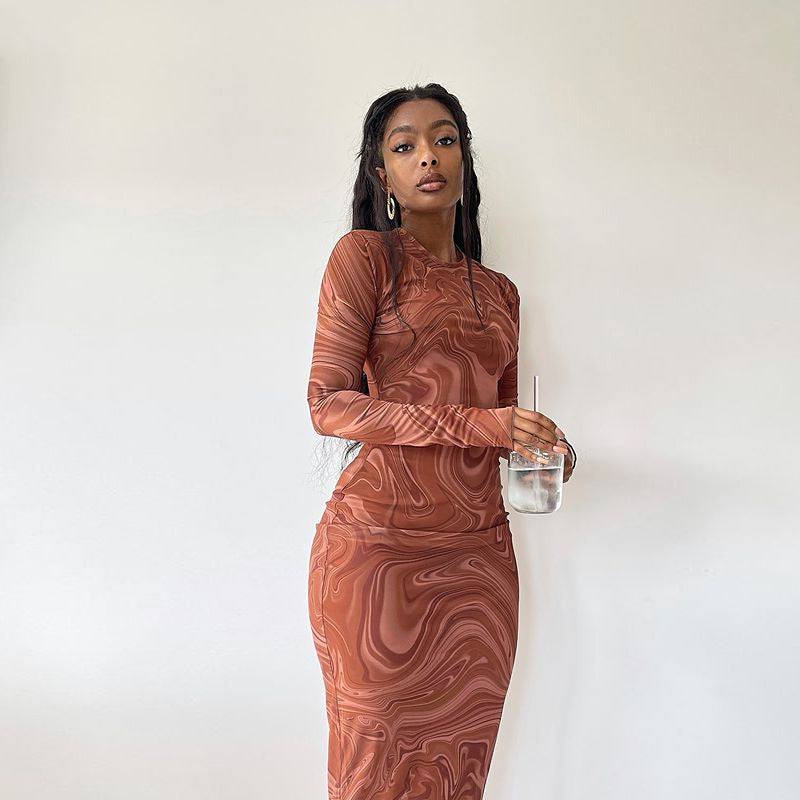 Wind tight mid-length dress round neck short sleeves long sleeves printed hip-wrapped pullover