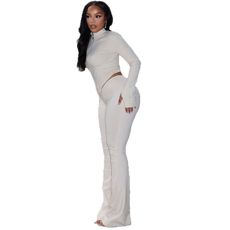 Women's slim fit pleated zipper solid color navel-baring pants suit long sleeve stand collar loose trousers two-piece suit