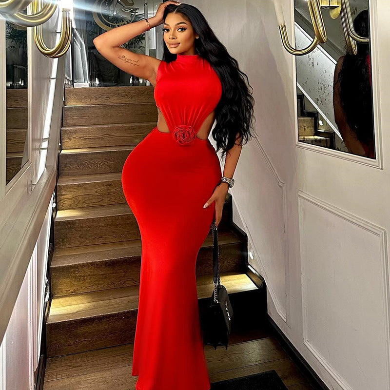 Women's Fashion Solid Color Dress Sexy Round Neck Sleeveless Waist-baring Backless One-Step Long Dress