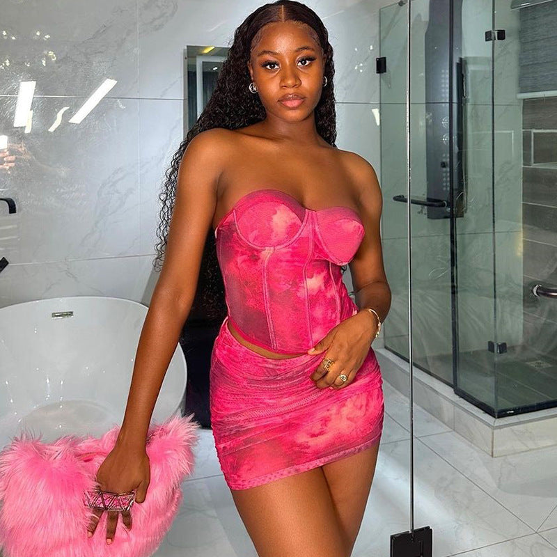 Fashion women's sexy wrapped chest printed small vest dress two-piece suit