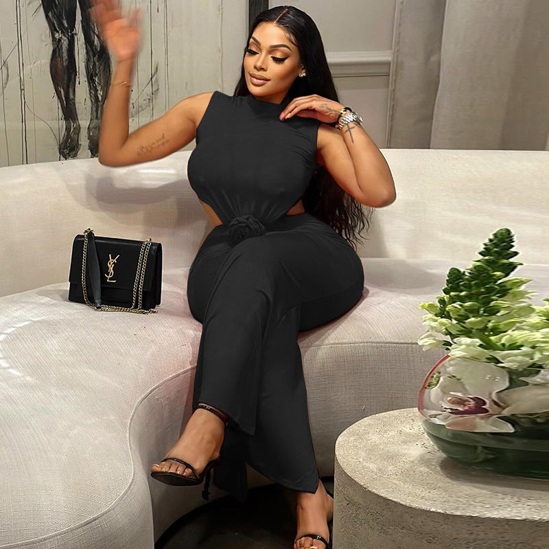 Women's Fashion Solid Color Dress Sexy Round Neck Sleeveless Waist-baring Backless One-Step Long Dress