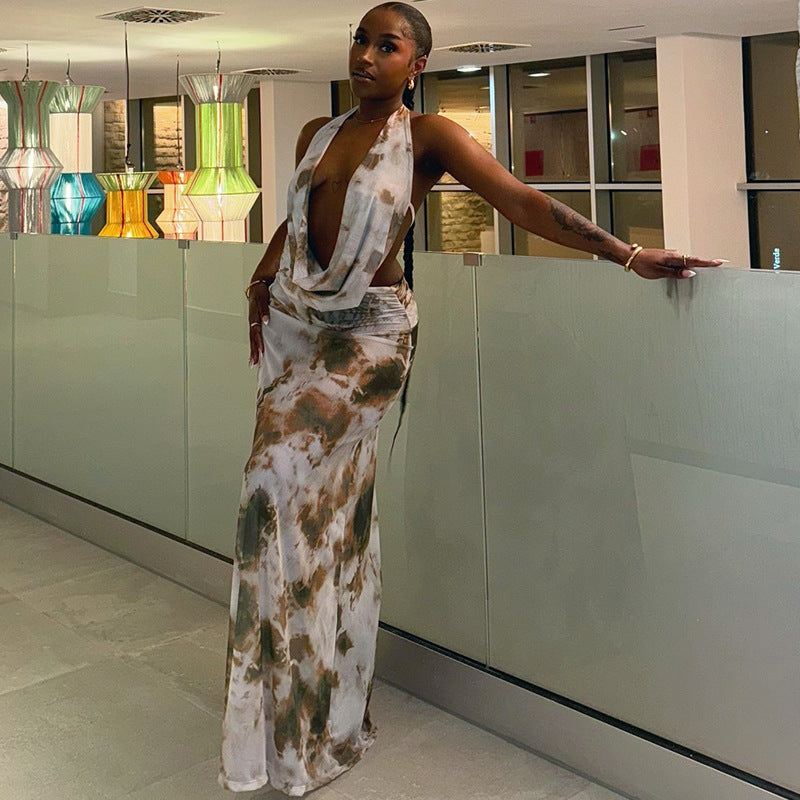 Casual and fashionable women's printed pleated backless skirt suit Sleeveless lace-up deep V-neck long skirt two-piece suit