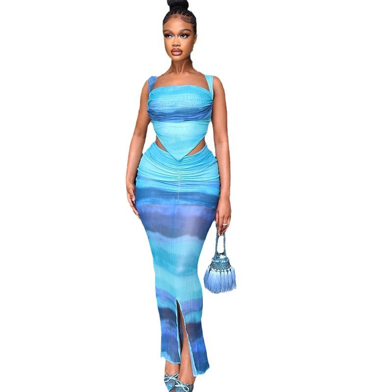Women's Fashion Printed Skirt Suit Sexy Lace-up Small Vest Slit Skirt