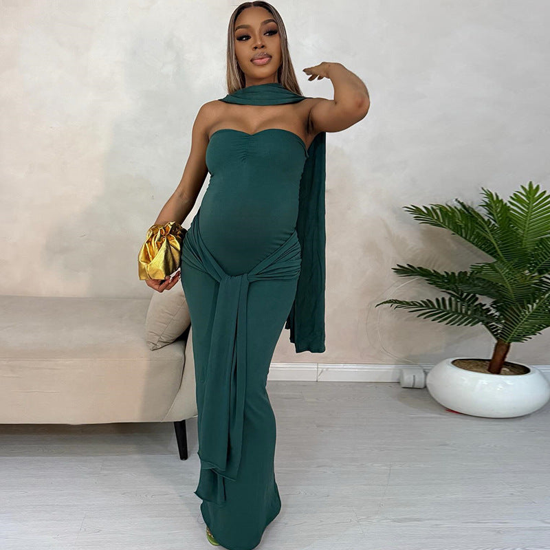 Elegant women's solid color pleated straps slim fishtail skirt one-shoulder neck tube top sexy dress