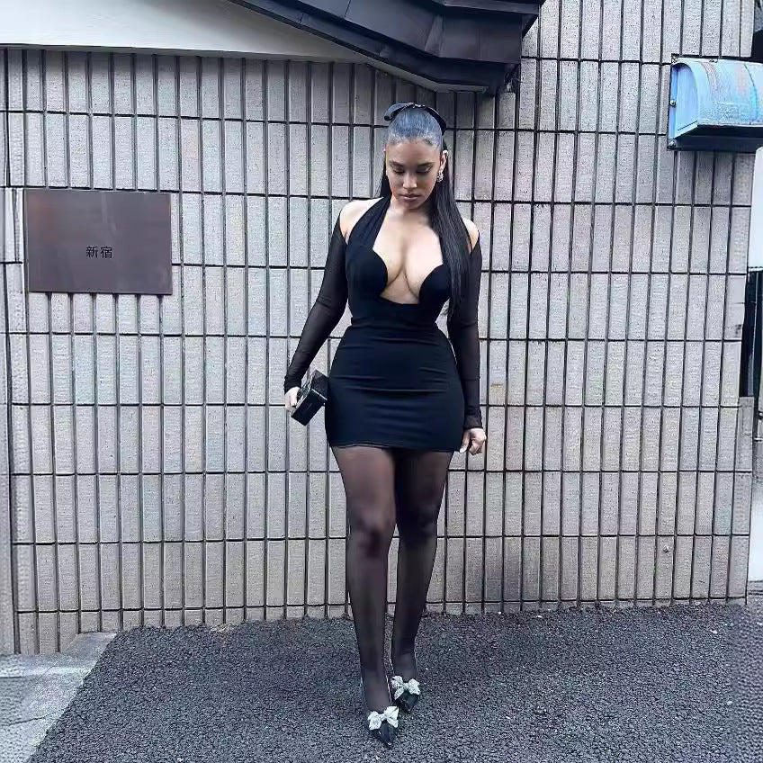 Women's sexy halter neck mesh stitching long-sleeved dress street pullover hip skirt