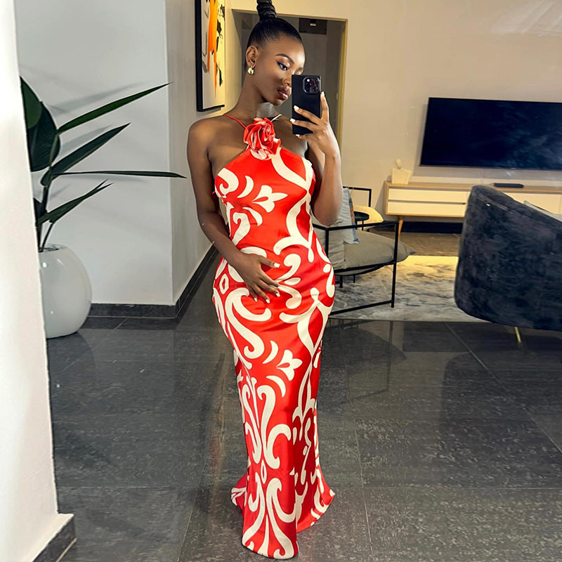 Fashion print sexy sleeveless halter neck three-dimensional flower decoration hip dress trendy women