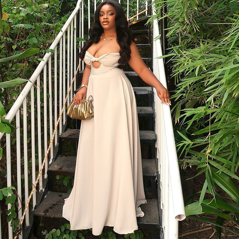 Women's soft pure color light princess dress elegant temperament sling sleeveless long dress