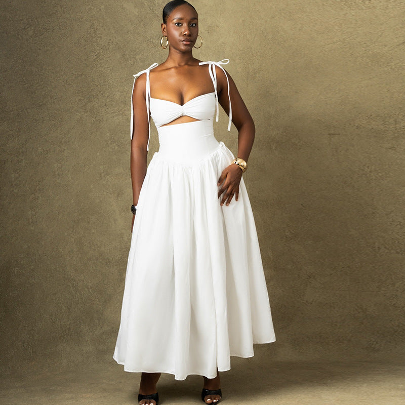 Fashion solid color dress strapless shoulder sleeveless big skirt dress