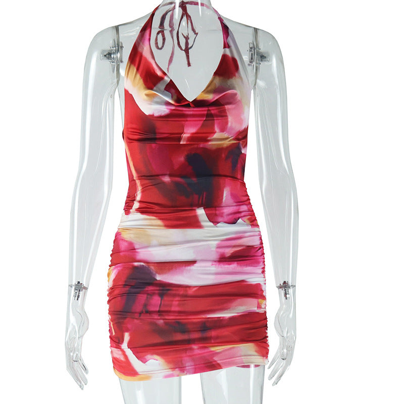 Women's Fashion Printed Dress Sexy Swing Neck Halter Lace-up Backpack Hip Skirt
