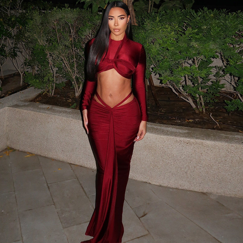 Women's solid color fashionable sexy skirt suit long sleeve long skirt round neck slim fit two-piece suit