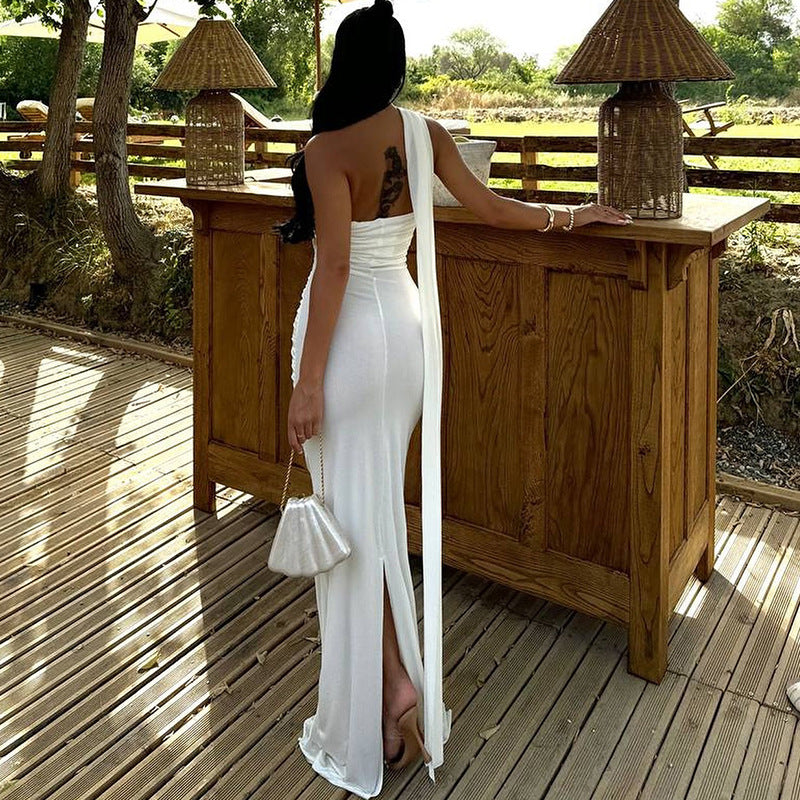 Women's solid color halter neck dress sexy backless ribbon slit temperament long skirt