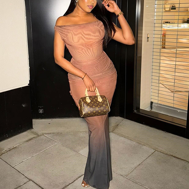 Elegant women's clothing gradient color matching slim fit tube top one-step skirt one-shoulder collar raglan sleeve long dress