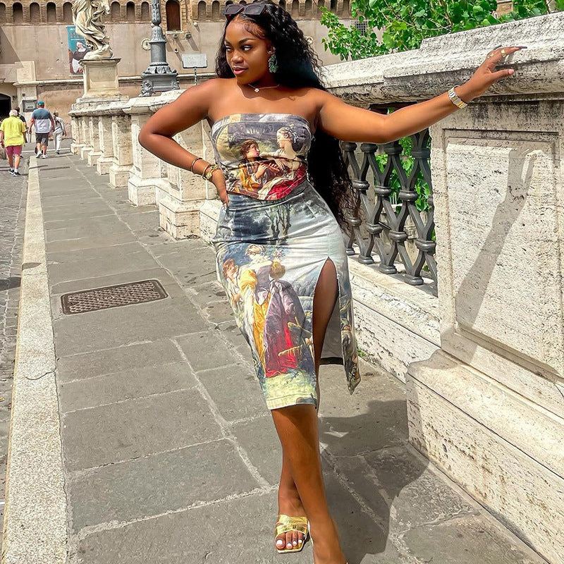 Fashion character print sexy backless wrap chest slit skirt hip skirt two piece suit for women