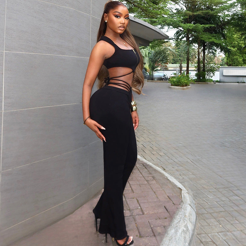 New style women's sexy black sleeveless top high waist strap tight sports pants suit
