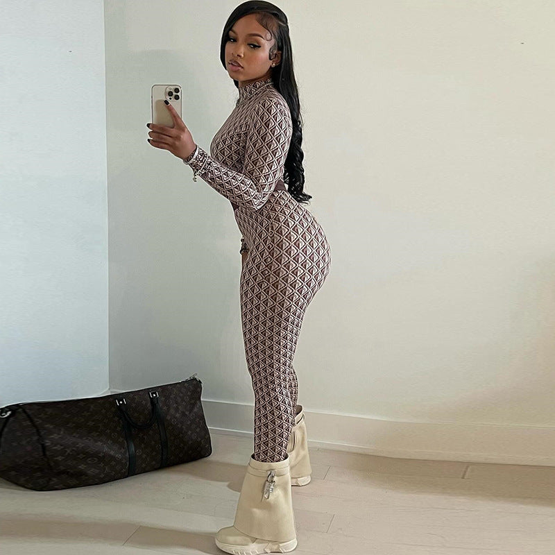 Women's Fashion Print Streetwear Round Neck Long Sleeve Trousers Bodysuit Fitness Jumpsuit Women