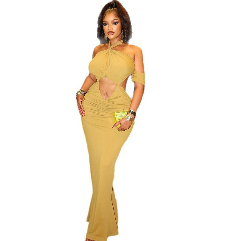 Fashion women's halter neck slim fishtail skirt solid color hollow long dress