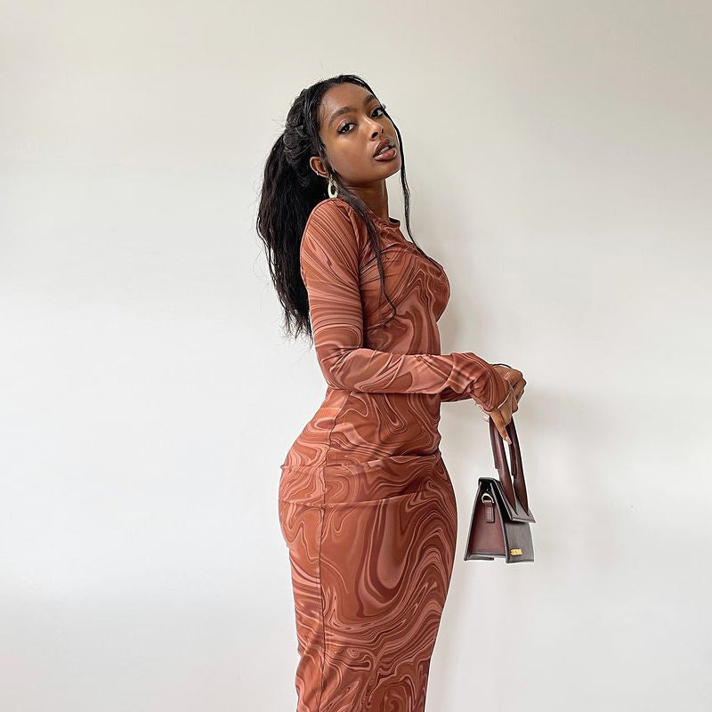 Wind tight mid-length dress round neck short sleeves long sleeves printed hip-wrapped pullover