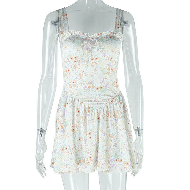 Fashion Print Sexy Deep V Neck Suspender Waist Irregular Skirt Short Dress