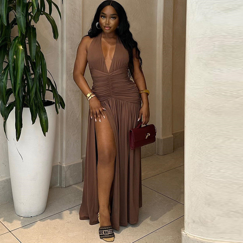 Women's solid color dress sexy sleeveless deep V-neck slit temperament casual waist skirt
