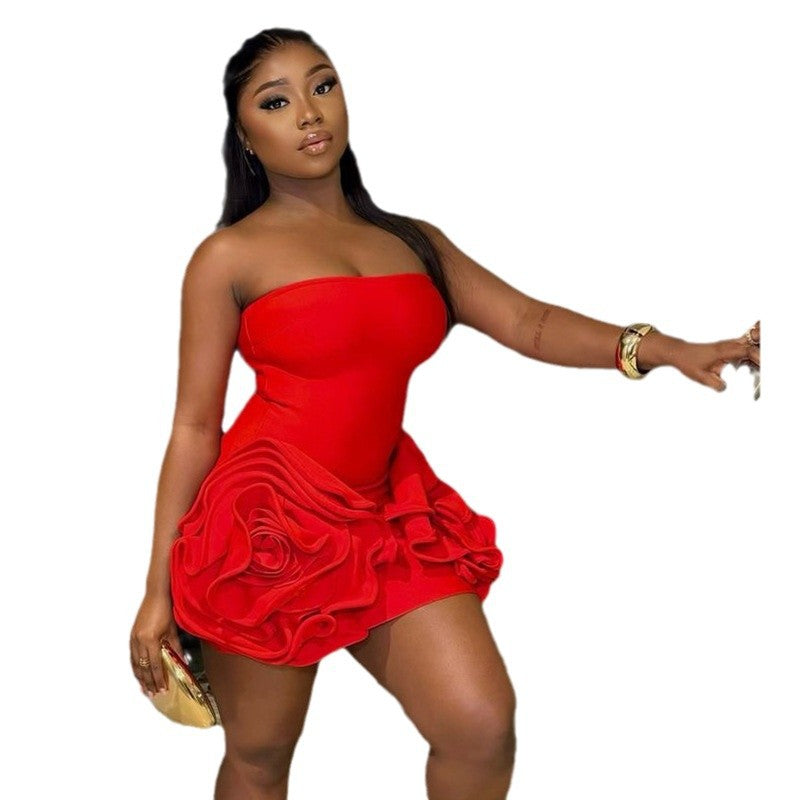 Women's sexy dress solid color sexy tube top sleeveless big flower hip skirt high waist