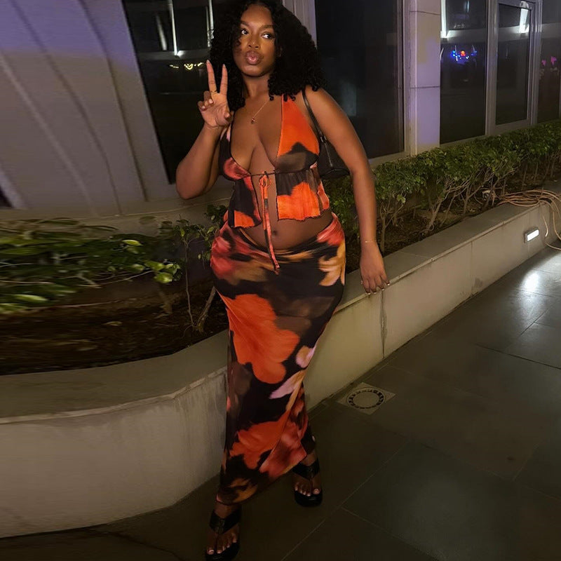 Fashion print suit sexy suspenders lace up small vest hip skirt two piece suit