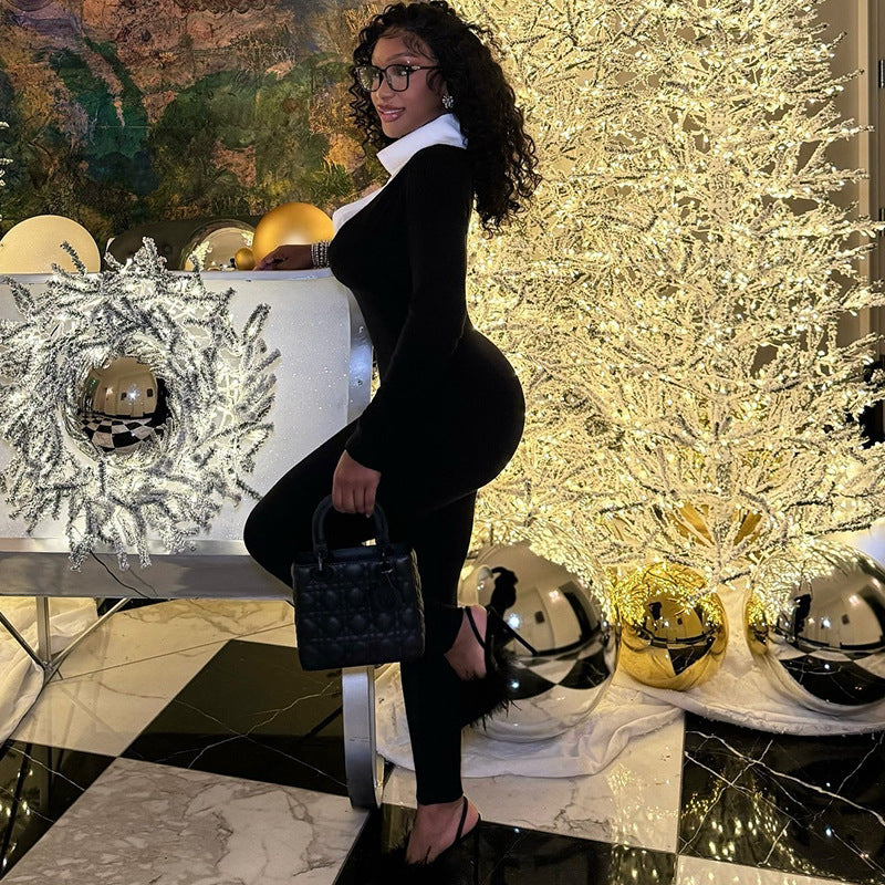 Elegant women's sexy tights slim long jumpsuit Zipper long sleeves white U-neck jumpsuit