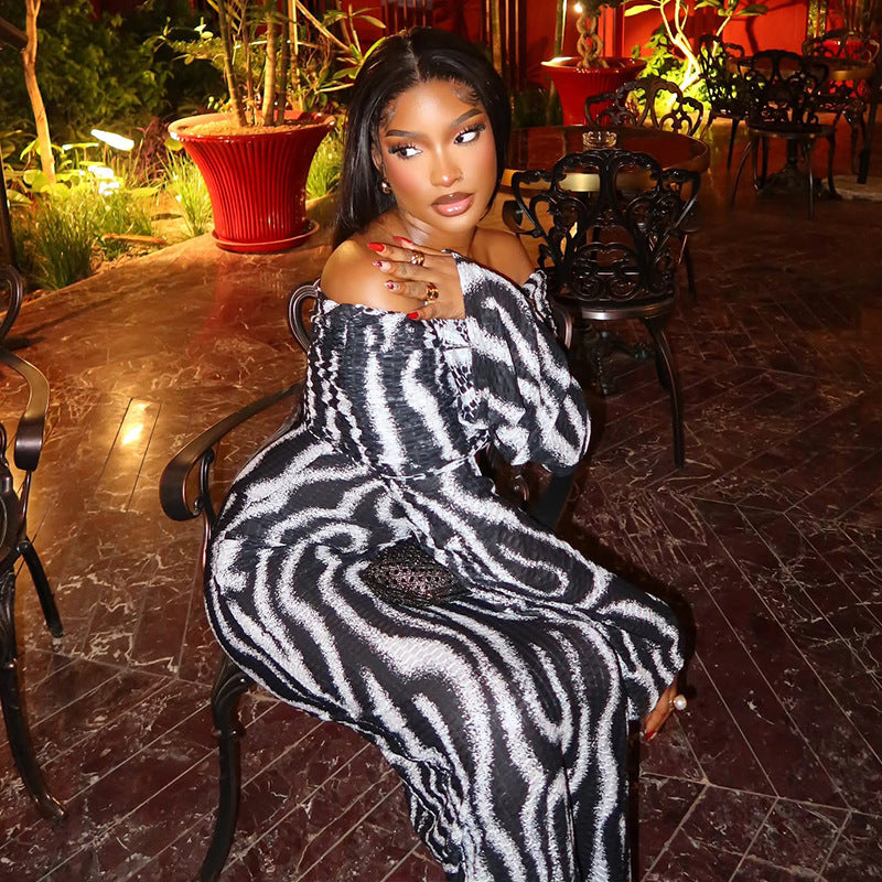 Casual women's wear comfortable and elegant striped fishtail skirt tube top one-shoulder raglan long-sleeved dress