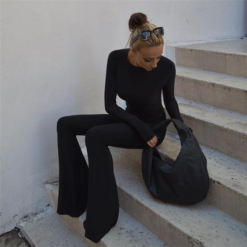 Round neck long sleeve jumpsuit slim fit backless outer wear bottoming one-piece pants hip lift high waist flared pants for women