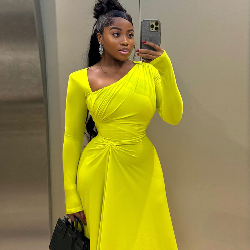 Elegant temperament women's slim fit pleated irregular skirt solid color long sleeve oblique collar long dress