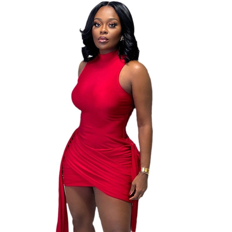 Fashion women's clothing pleated stitching straps slim hip skirt casual solid color stand collar short dress