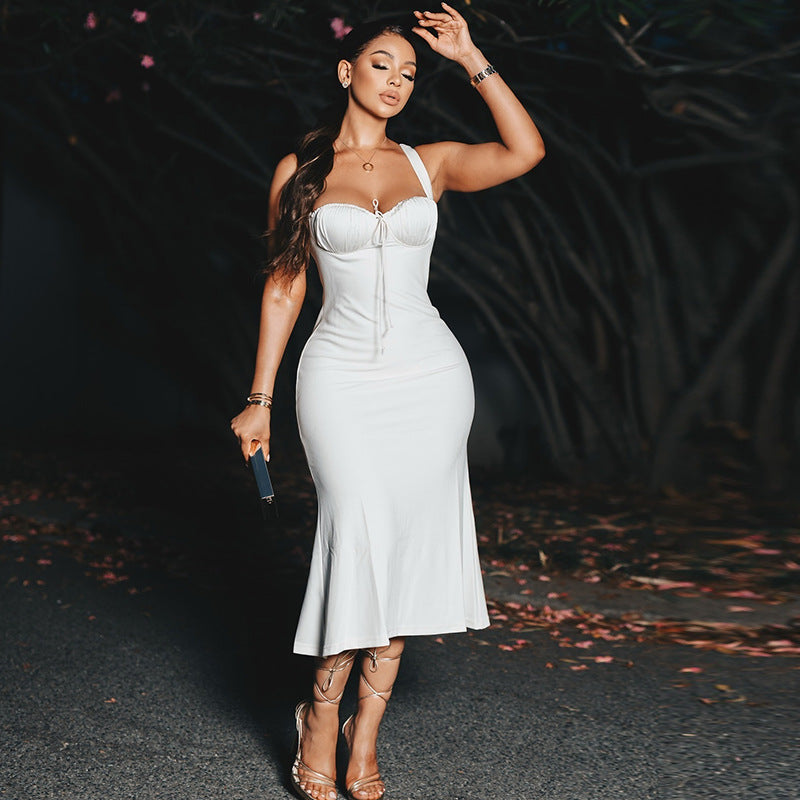 New style women's clothing, elegant sling solid color fishtail skirt, sleeveless one-shoulder long dress