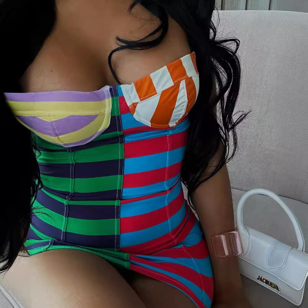 Sexy sleeveless colorful striped fashion print dress casual hip skirt for women