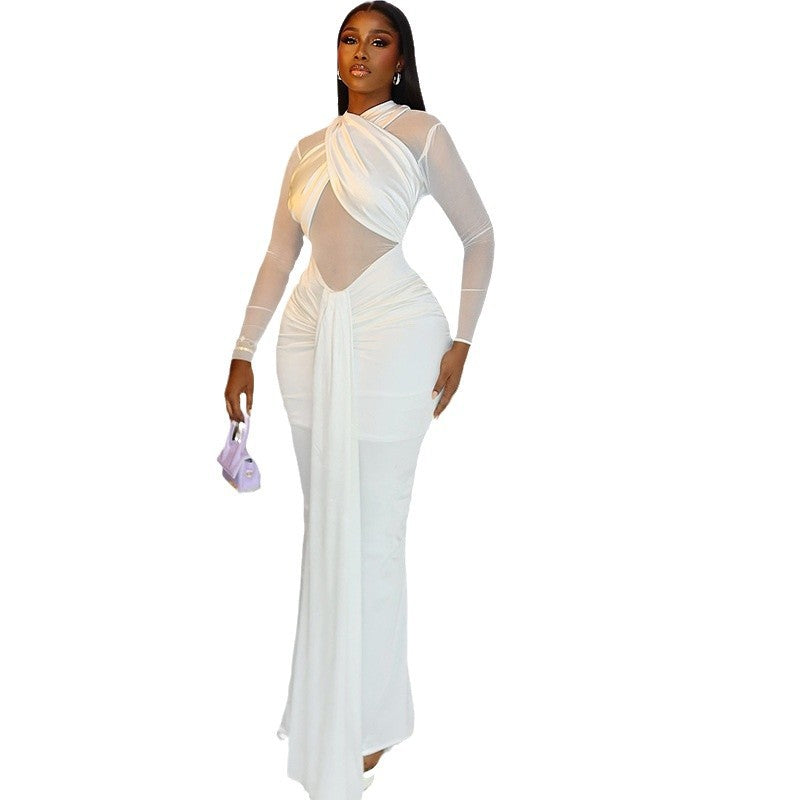 Elegant and simple women's clothing sexy slim-fit hip-wrapped slightly transparent one-step skirt solid color pleated wrap chest long dress
