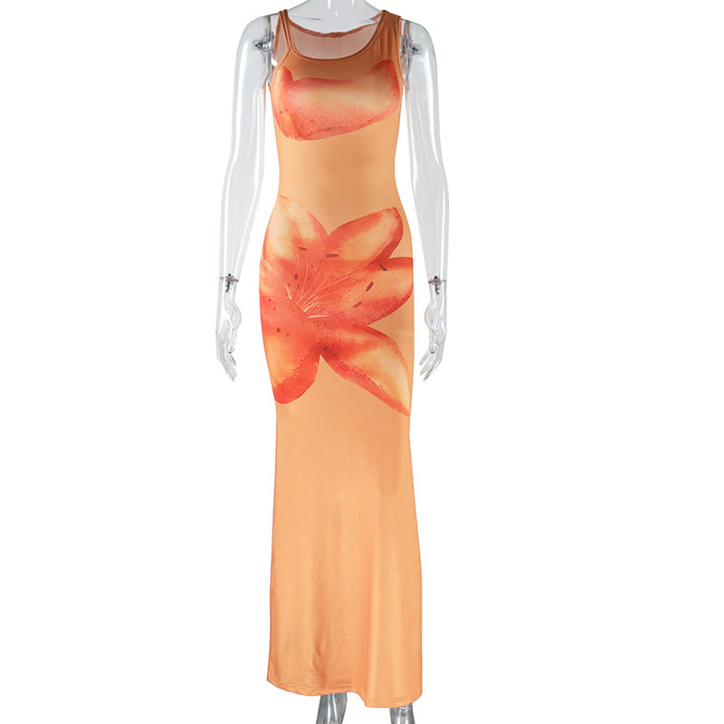 Women's Fashion Printed Dress Sexy Suspender Sleeveless One Step Casual Skirt