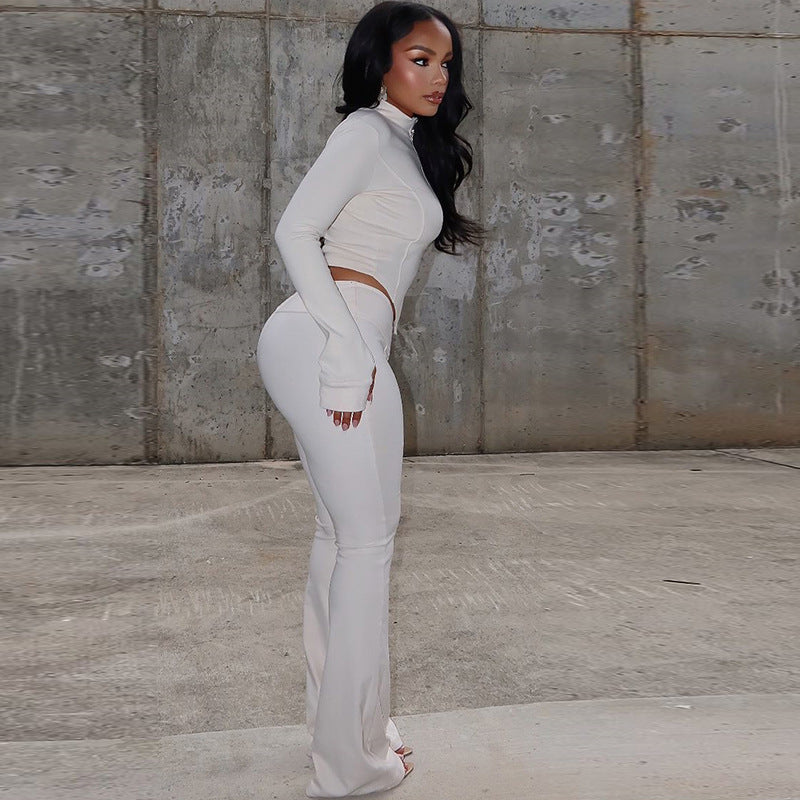 Women's slim fit pleated zipper solid color navel-baring pants suit long sleeve stand collar loose trousers two-piece suit