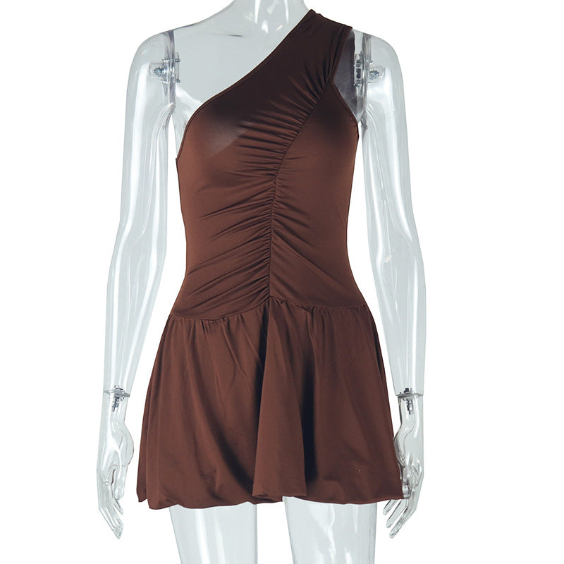 Women's elegant irregular off-shoulder solid color A-line skirt off-shoulder sleeveless ruffled short dress
